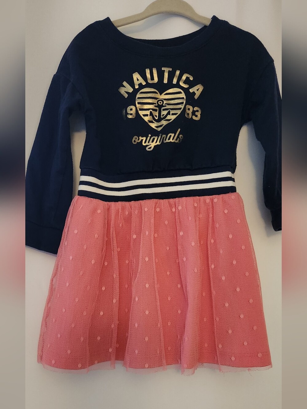 Nautica Navy Top with Pink Dotted Tulle Skirt Girls' Dress